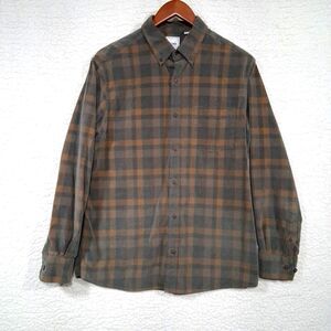 ROWM Men's Medium Shirt Button Down Long Sleeve 100% Cotton Corduroy Brown Plaid